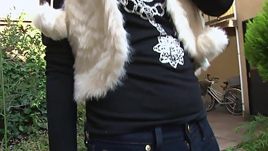 Cute little whore is outdoors sucking cock like a good slut