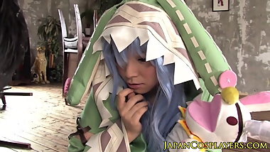 Bluehair cosplay babe in uniform jerks