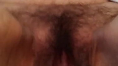 Hairy wife takes dildo balls deep