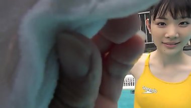 Japanese girl swim in pool with yellow swimsuit SOFT