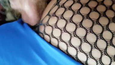 Back view fishnet tights blue leotard