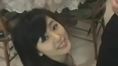 Long haired Asian beauty sucks a big boner in POV