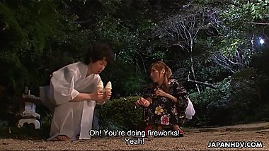 Kimono wearing beauty sucking of a huge samurai sword