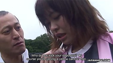 Asian soccer player gets a yellow card and a cock